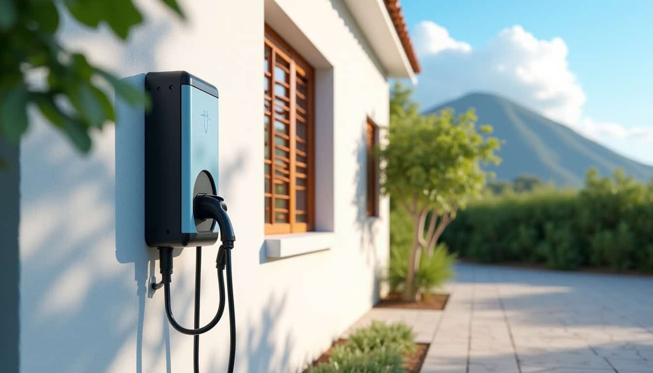 Borne de recharge électrique installée en extérieur à Gourbeyre, en journée, montrant l