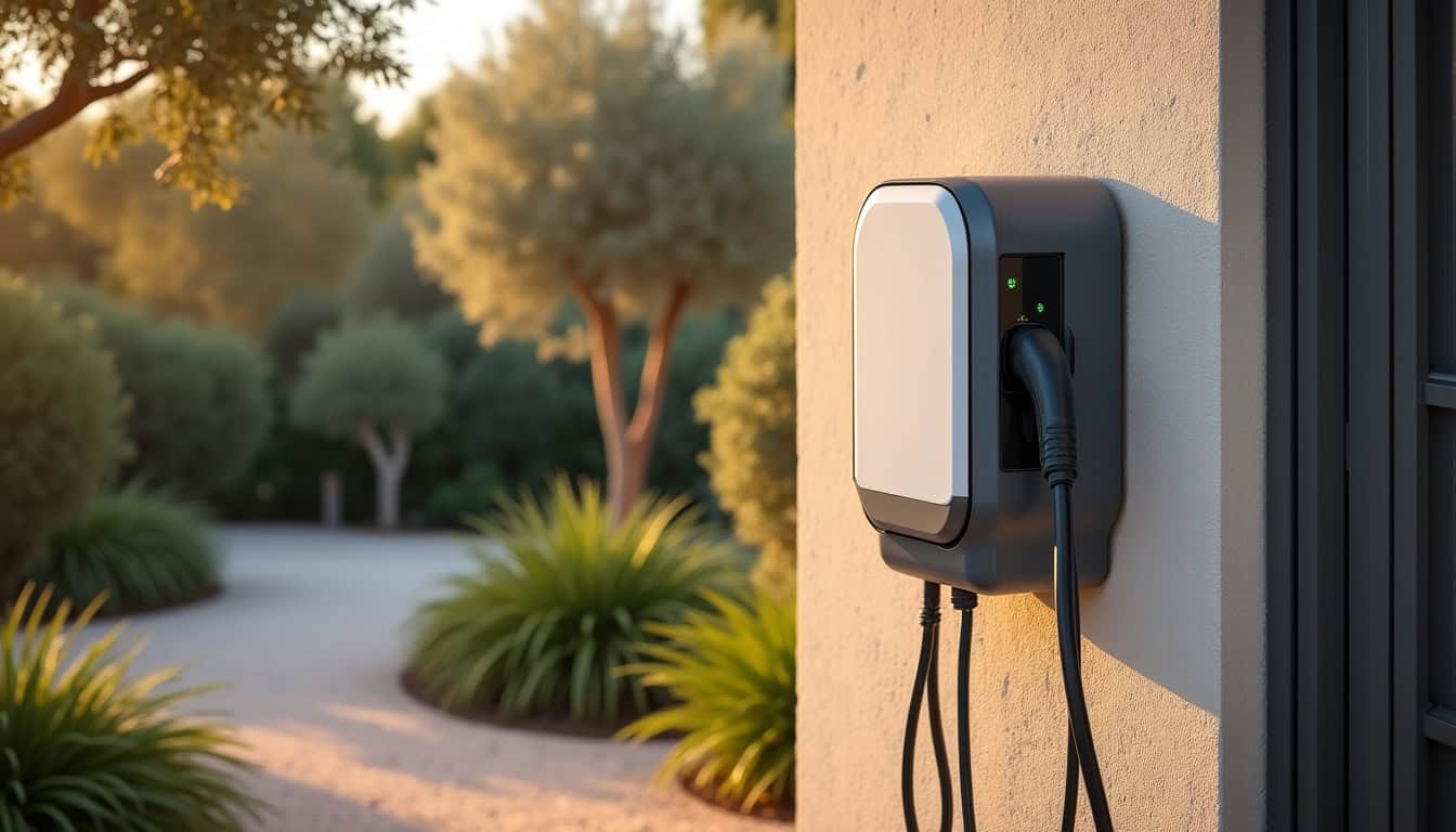 Borne de recharge électrique installée en extérieur à Saint-Jory dans un cadre résidentiel