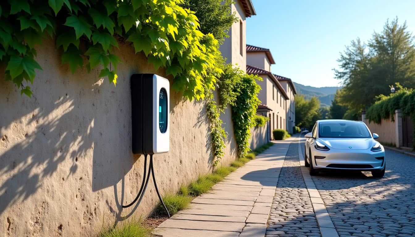 Borne de recharge électrique installée en extérieur dans une rue de Vic-Fezensac, en journée