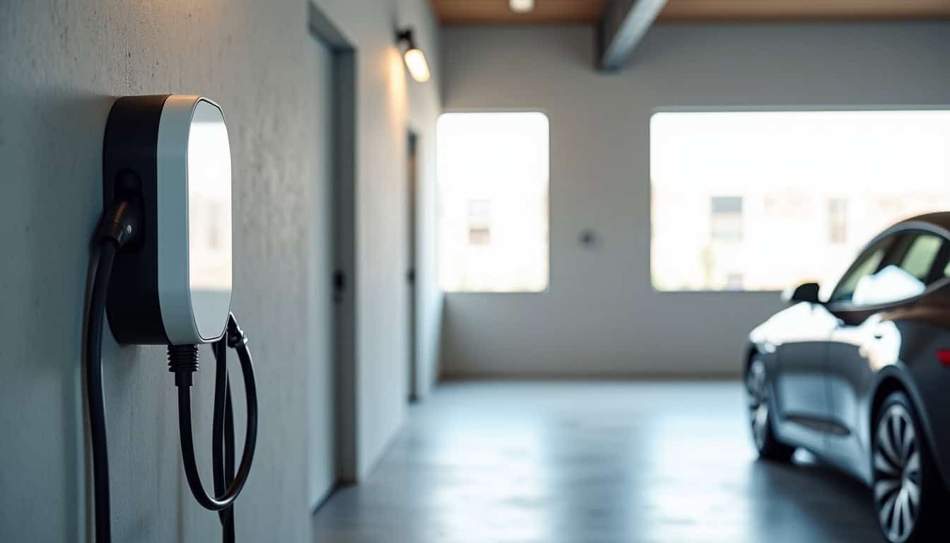 Borne de recharge électrique installée et fonctionnelle dans un garage