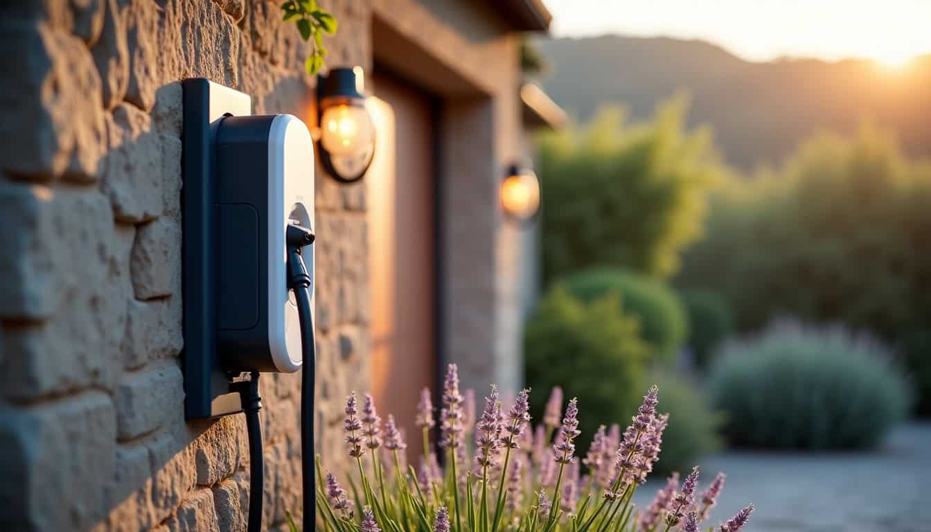 Borne de recharge électrique installée et opérationnelle devant un garage à Quillan