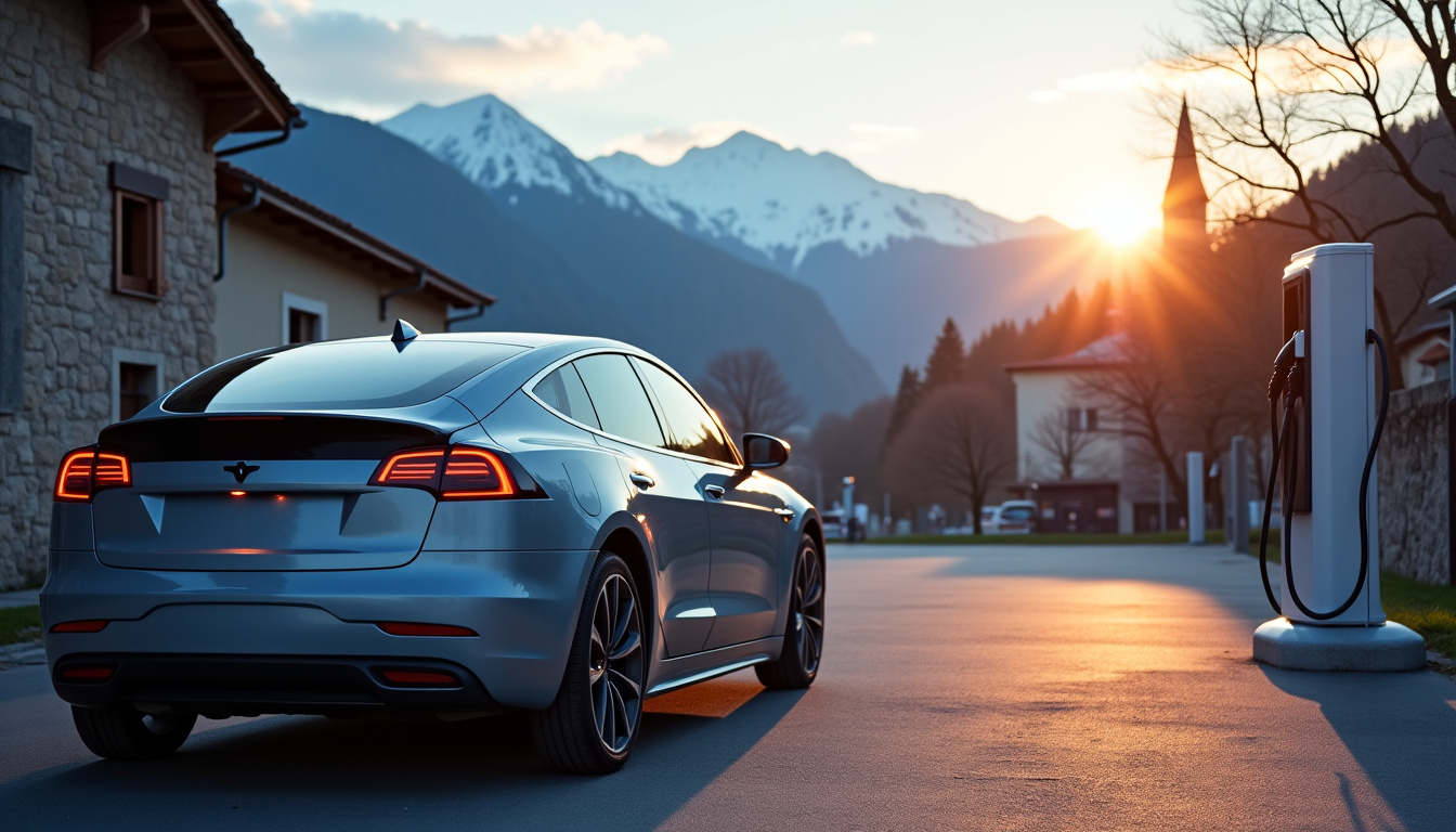 Borne de recharge électrique installée sur la Place du Champ de Foire à Saint-Bonnet-en-Champsaur, avec une voiture électrique en cours de recharge