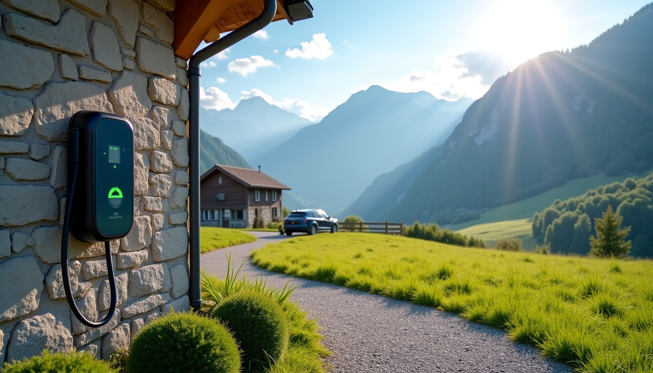 Borne de recharge électrique installée sur un mur extérieur à Minzier, en milieu rural, avec vue sur les montagnes environnantes