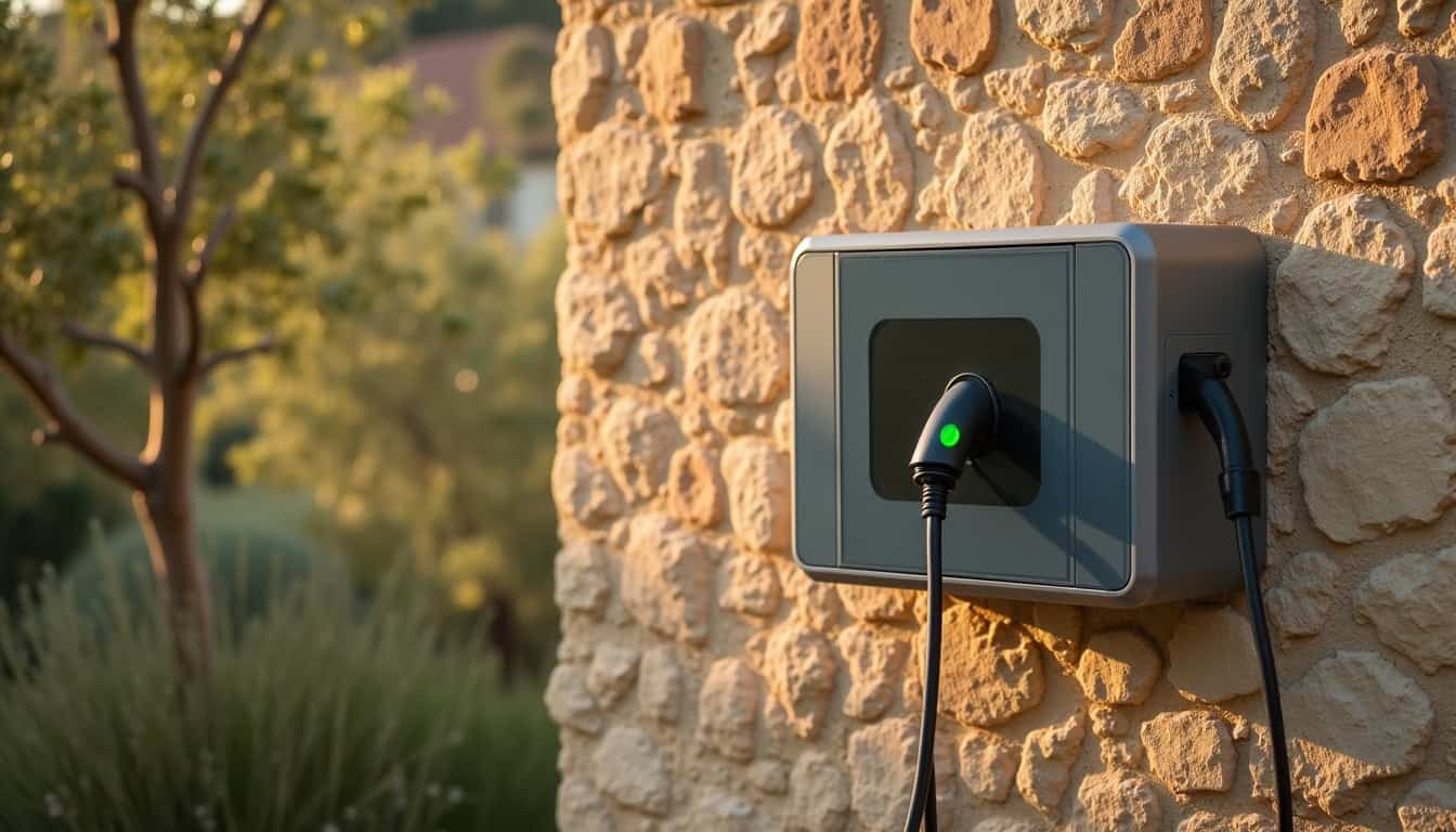 Borne de recharge électrique installée sur un mur extérieur à Saint-Victoret