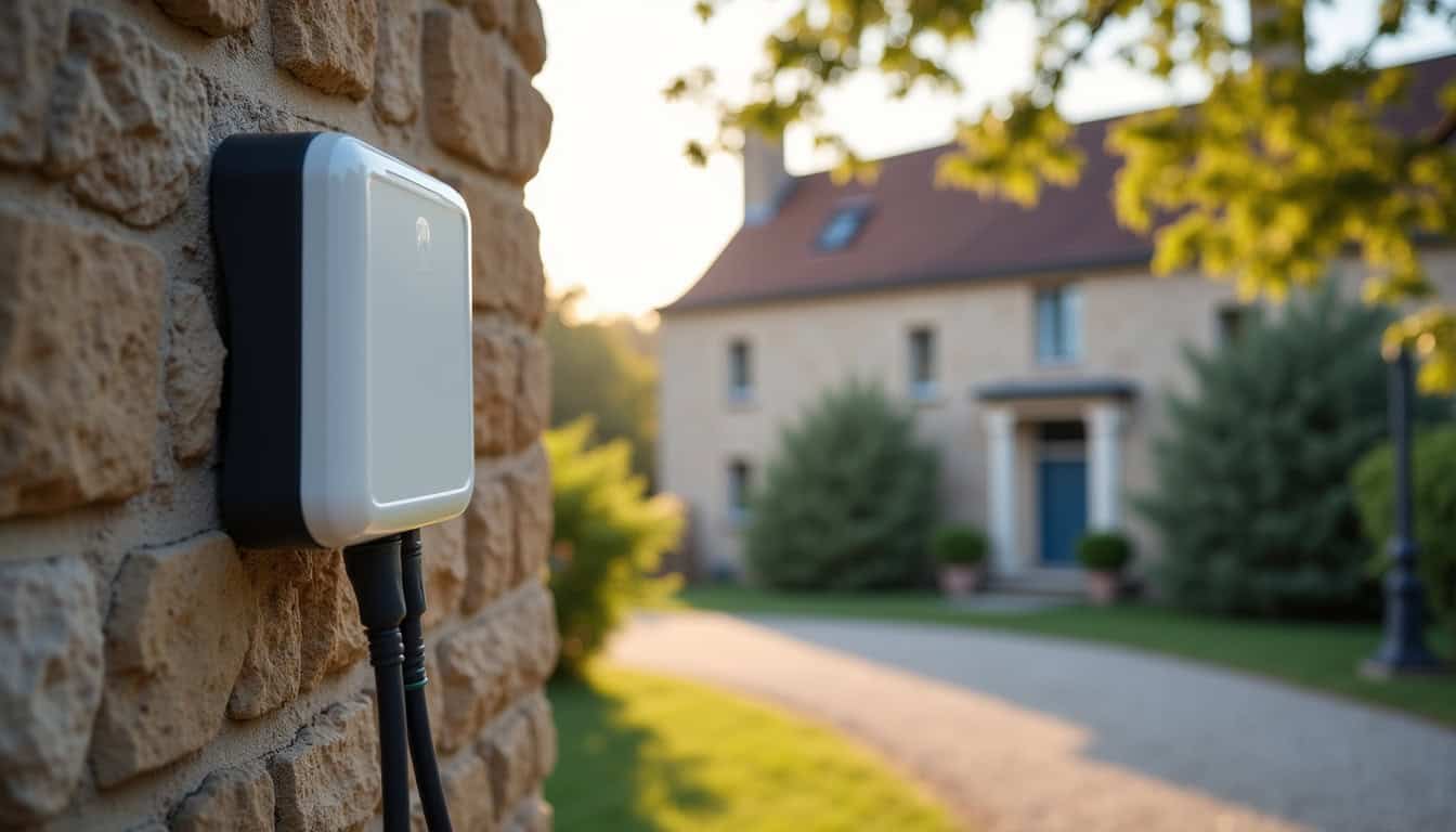 Borne de recharge électrique installée sur un mur extérieur à Solignac