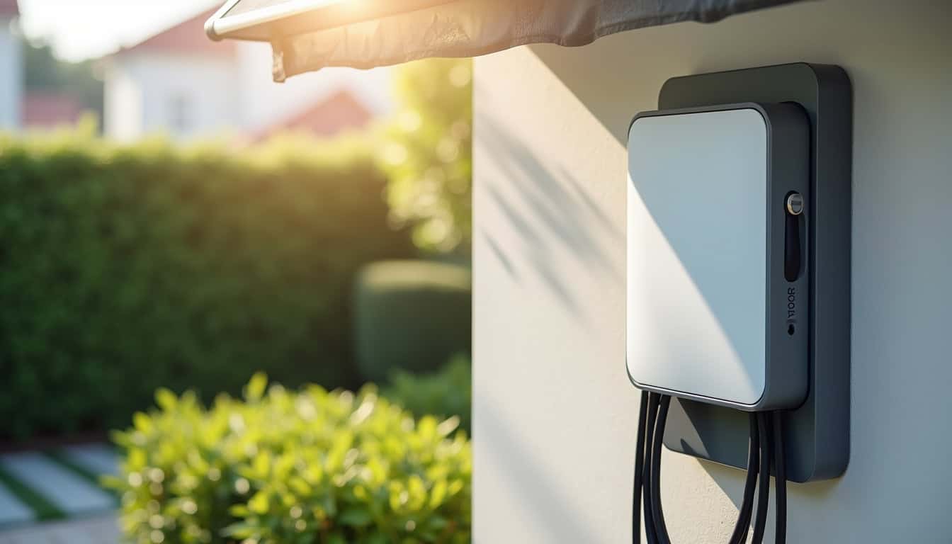 Borne de recharge électrique installée sur un mur extérieur avec protection contre les intempéries