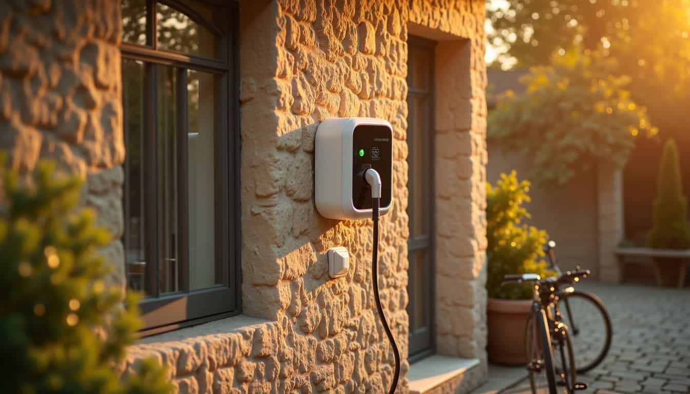 Borne de recharge électrique installée sur un mur extérieur d