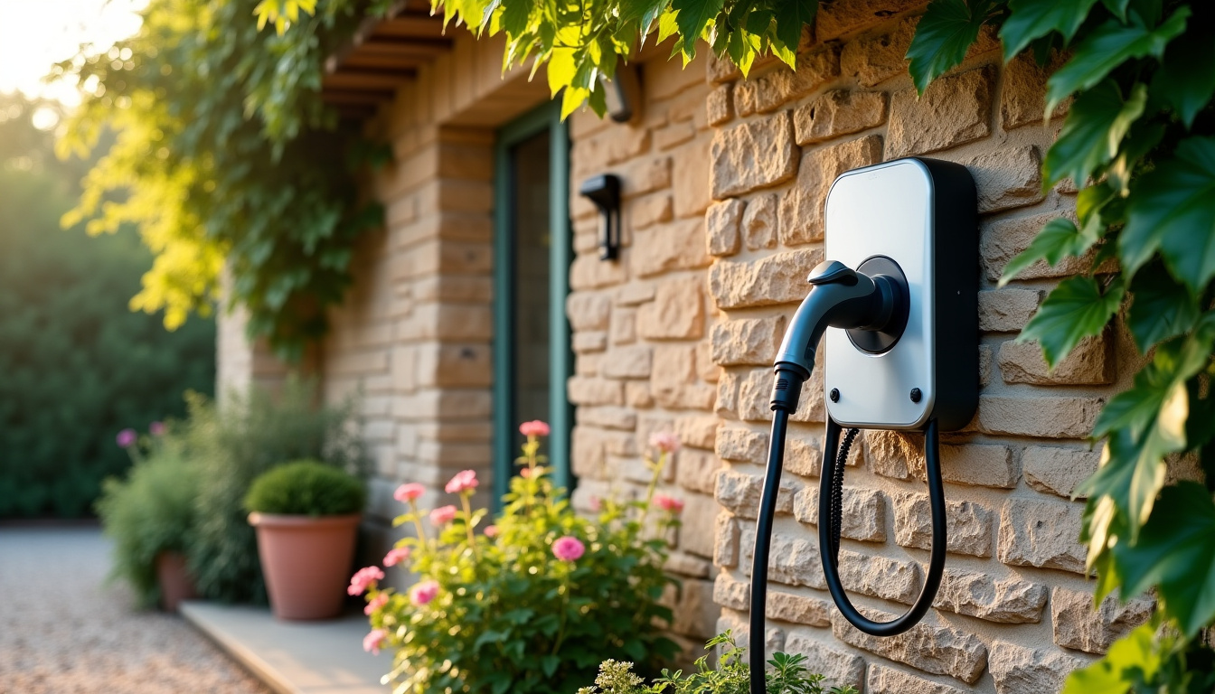 Borne de recharge électrique installée sur un mur extérieur dans une propriété à Muides-sur-Loire