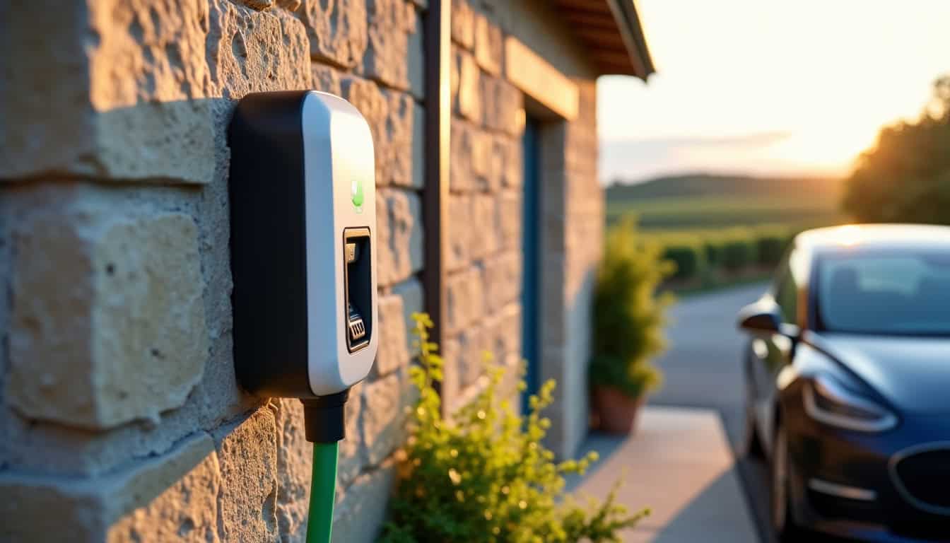 Borne de recharge électrique installée sur un mur extérieur de maison à La Lande-de-Fronsac