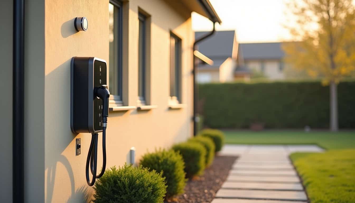 Borne de recharge électrique installée sur un mur extérieur en zone résidentielle