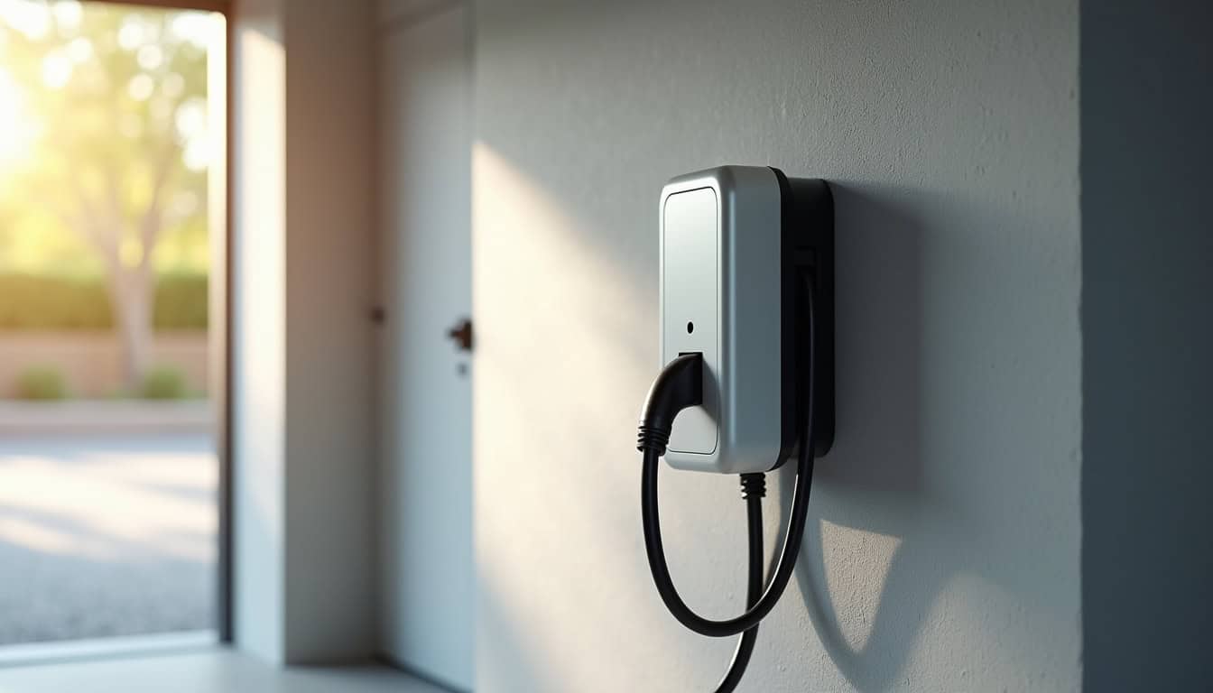 Borne de recharge électrique installée sur un mur extérieur ou dans un garage, avec câble de connexion visible