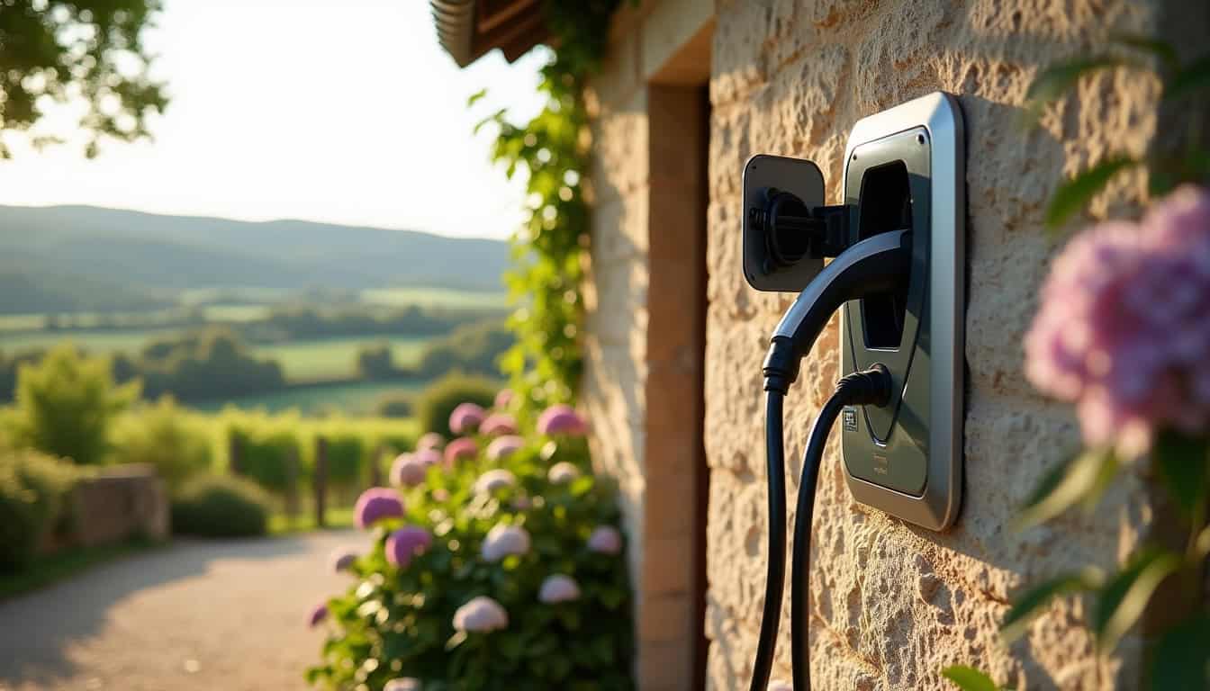 Borne de recharge électrique installée sur une façade de maison à Avize, en milieu rural