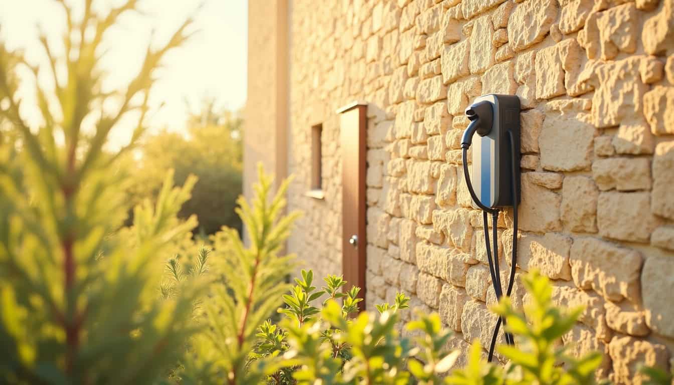 Borne de recharge électrique installée sur une façade de maison à Fayence, entourée de végétation typique de la région