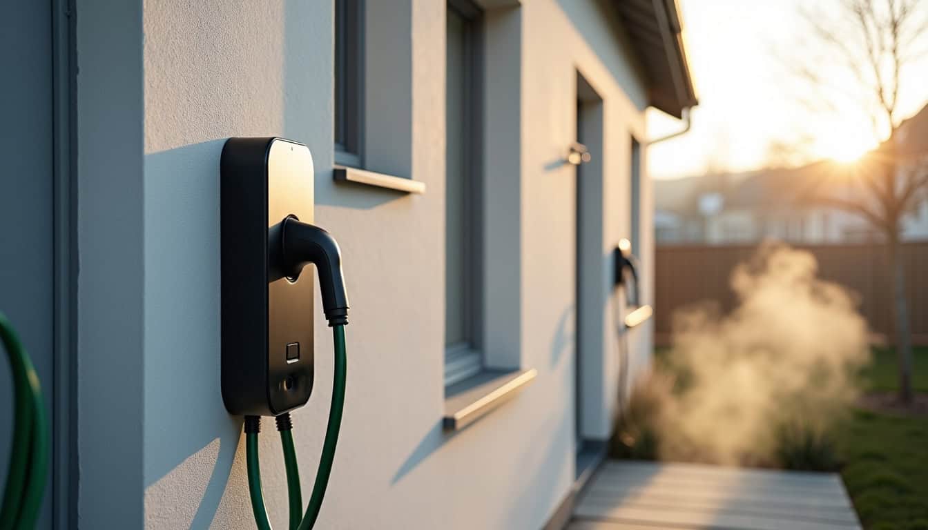 Borne de recharge électrique installée sur une façade de maison à Merten