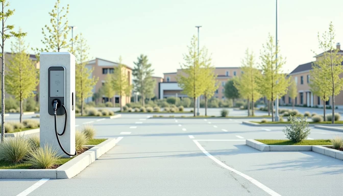 Borne de recharge électrique installée sur une place de stationnement en extérieur à Saint-Maurice-Montcouronne