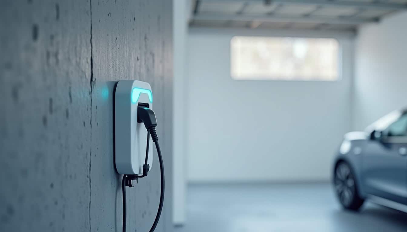 Borne de recharge électrique murale connectée, installée dans un garage à Saint-Julien-les-Villas