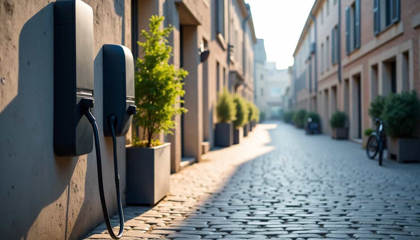 Borne de recharge électrique publique à Bréhand, située 13 Rue de Penthièvre près du centre-ville