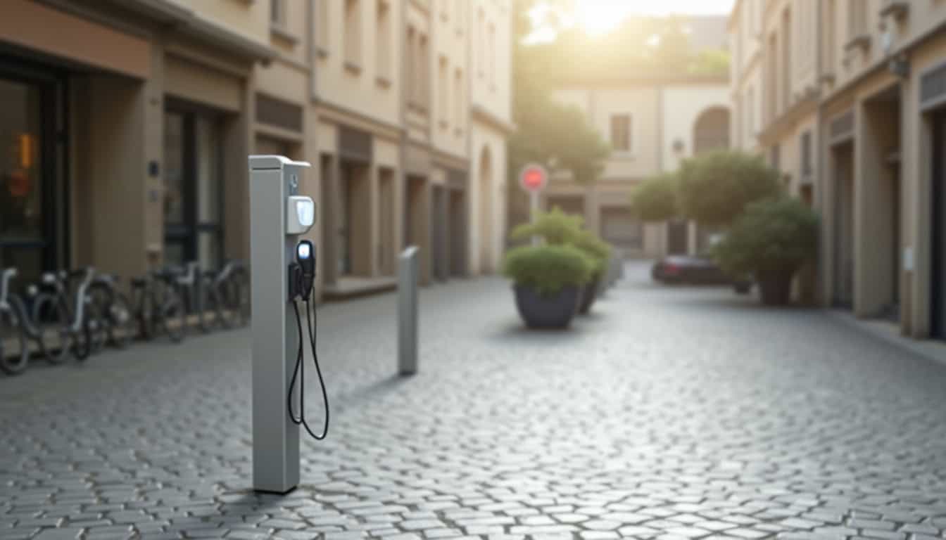 Borne de recharge électrique publique installée en centre-ville d
