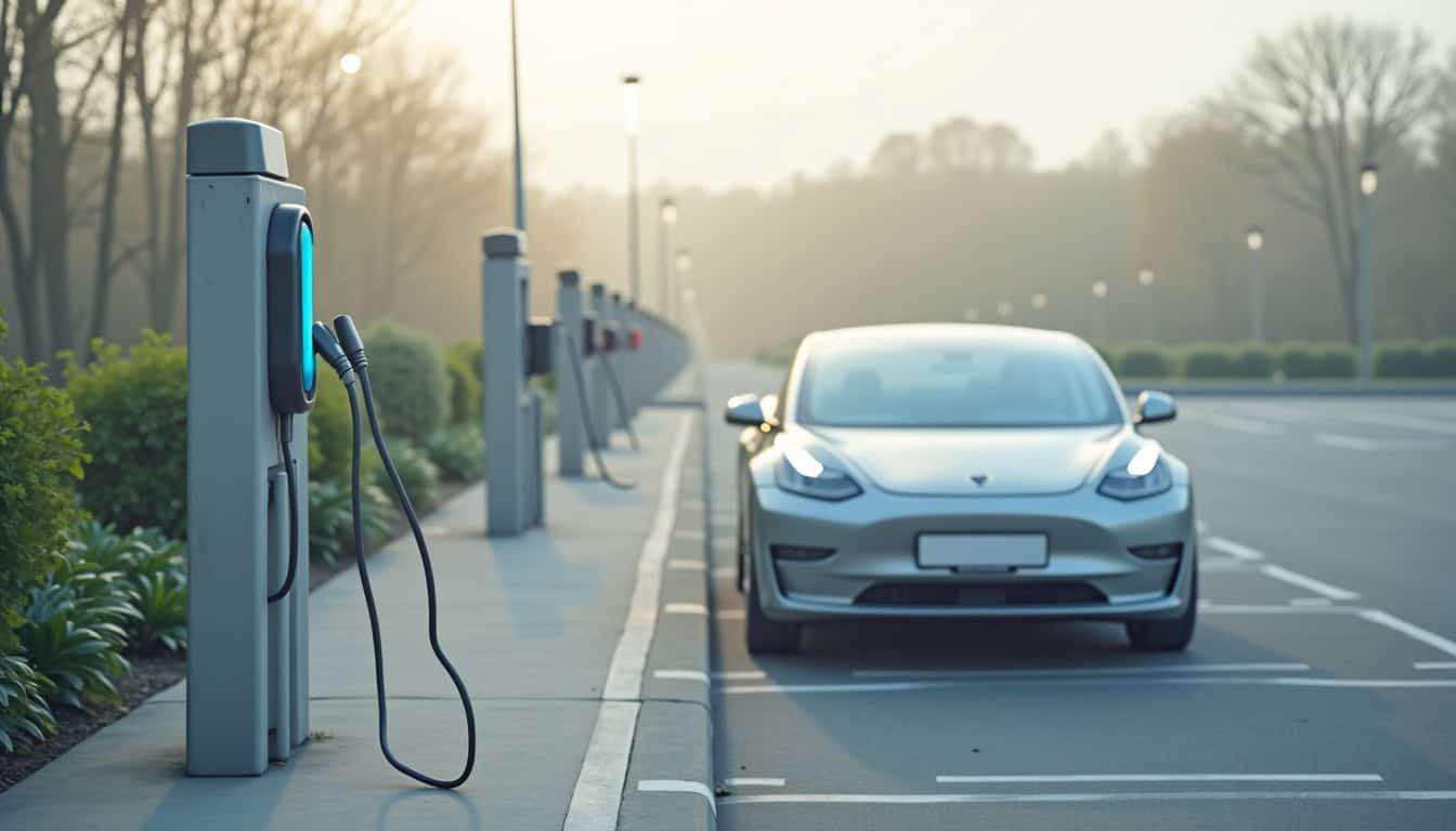 Borne de recharge électrique publique installée sur un parking de Les Pavillons-sous-Bois, en extérieur, avec un véhicule en cours de charge