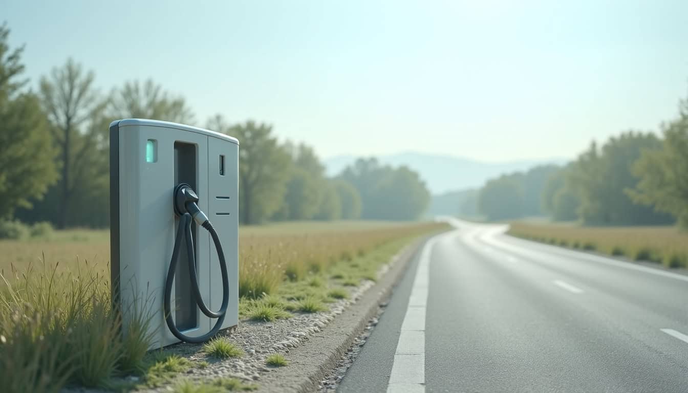 Borne de recharge électrique publique située en bordure de route à Châteauneuf-sur-Isère