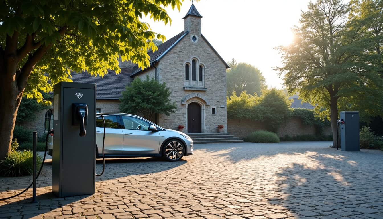 Borne de recharge électrique publique située place de l’Église à Courpalay