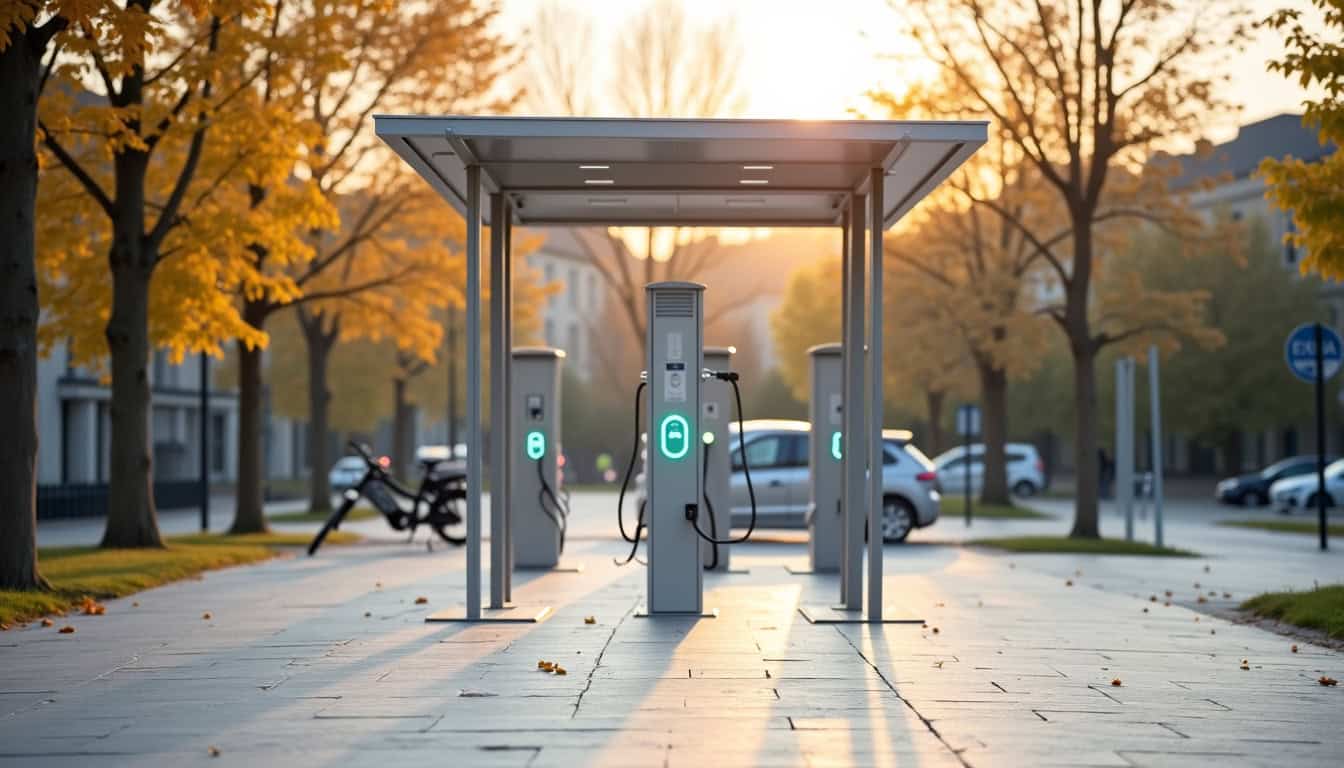Borne de recharge électrique publique située place du Mail à Neuvy-le-Roi