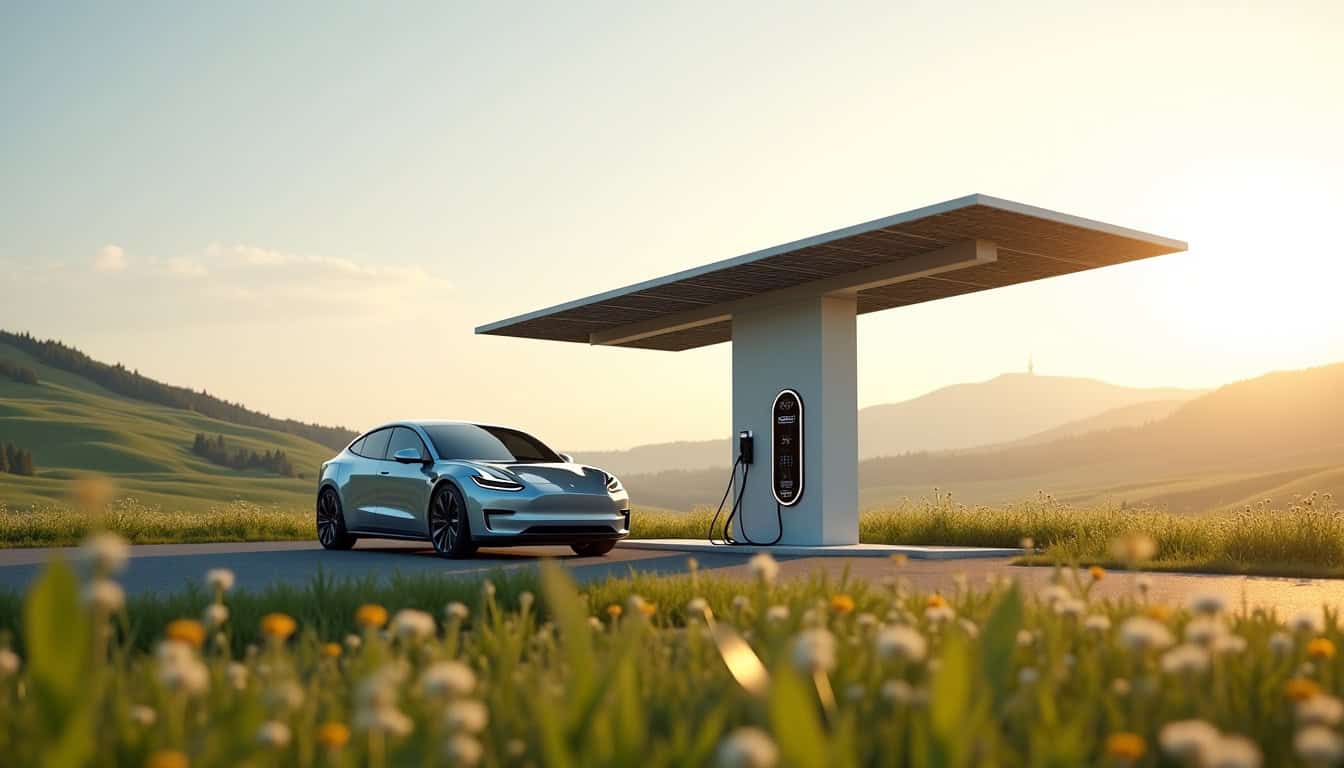 Borne de recharge électrique reliée à des panneaux solaires à Louzy