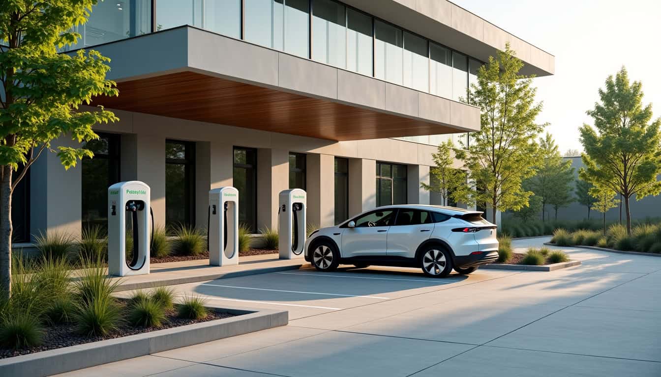 Borne de recharge électrique sur le parking du Pôle de santé à Varaville, en bordure d