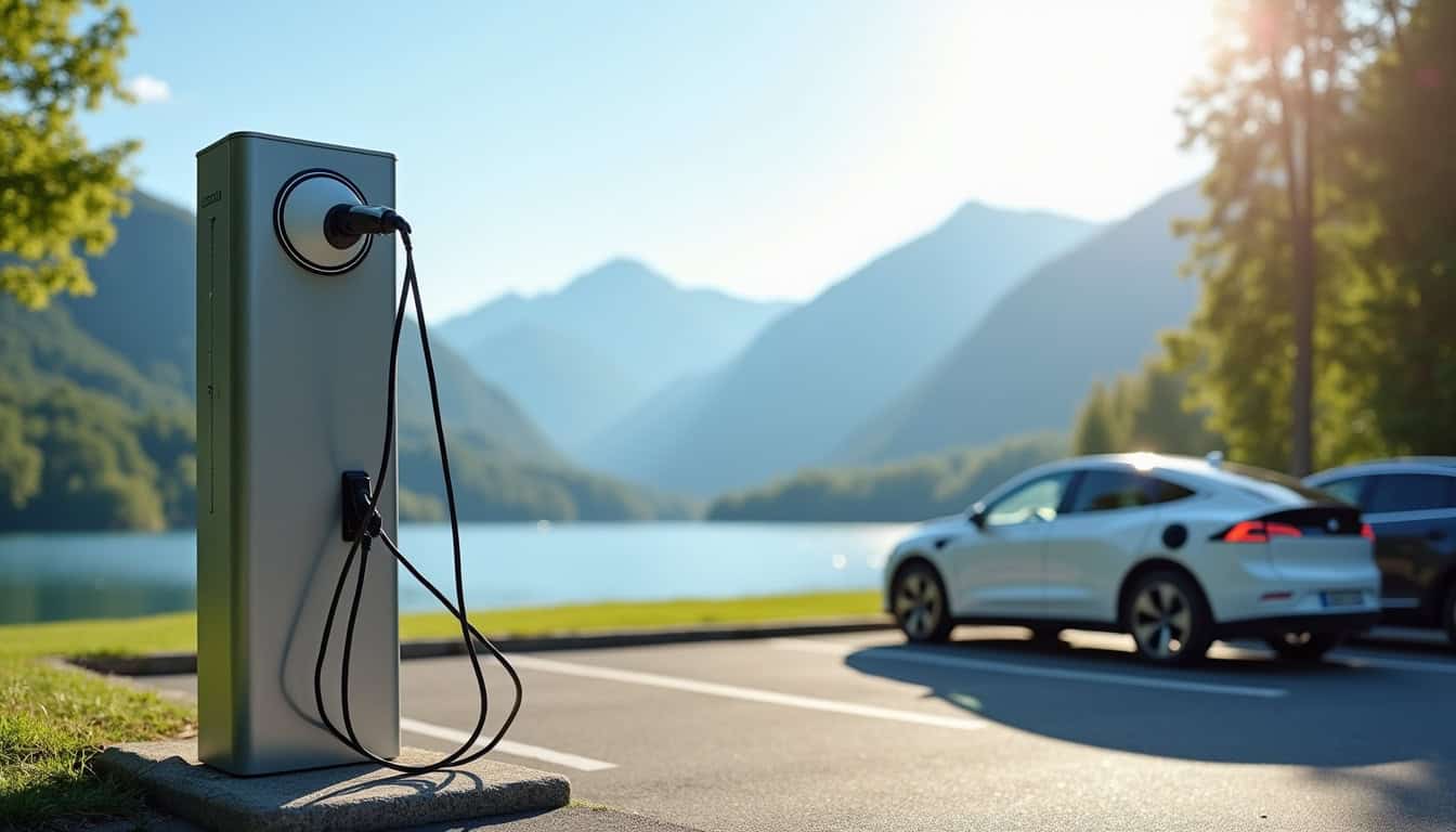 Borne de recharge électrique sur un parking public à Le Bourget-du-Lac, avec le lac en arrière-plan
