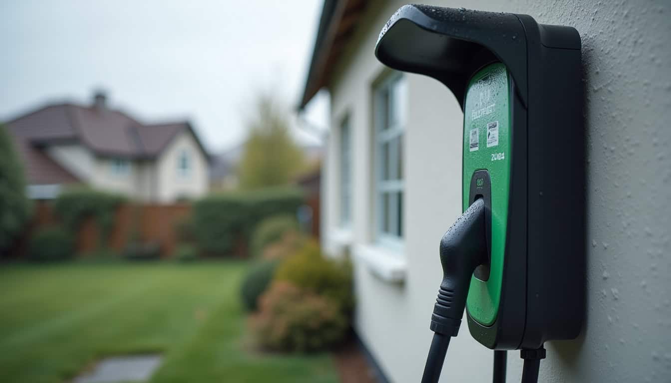 Borne de recharge installée à l’extérieur d’une maison, avec certification IP54 visible, résistante aux intempéries
