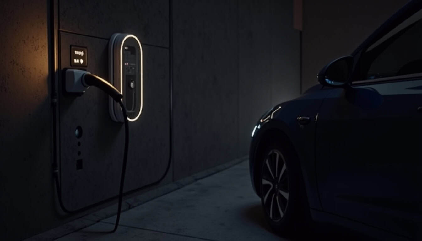Borne de recharge installée dans un garage privé à Brindas, avec câble connecté à un véhicule électrique