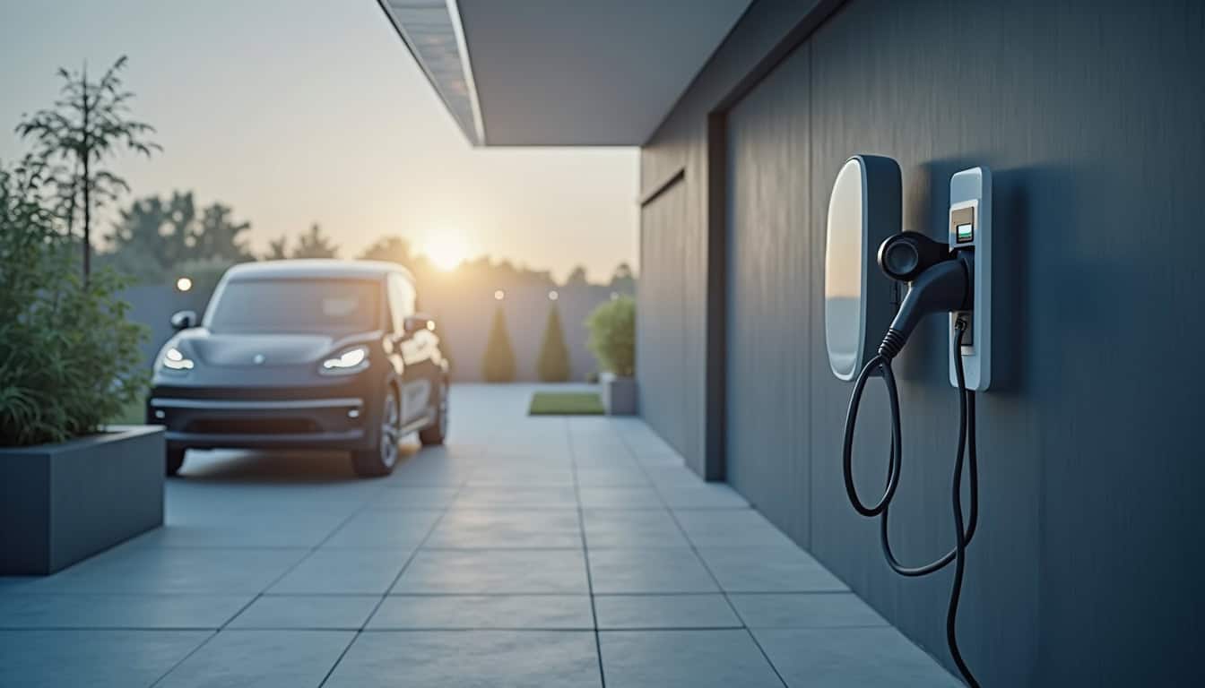 Borne de recharge installée dans un garage, vue extérieure avec véhicule électrique en charge