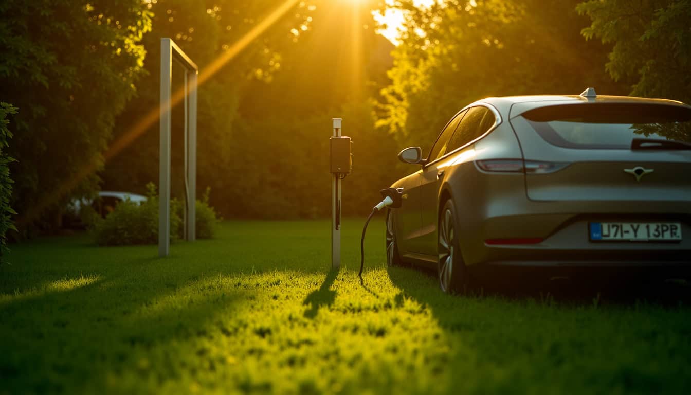 Borne de recharge installée dans un jardin, près d’un véhicule électrique