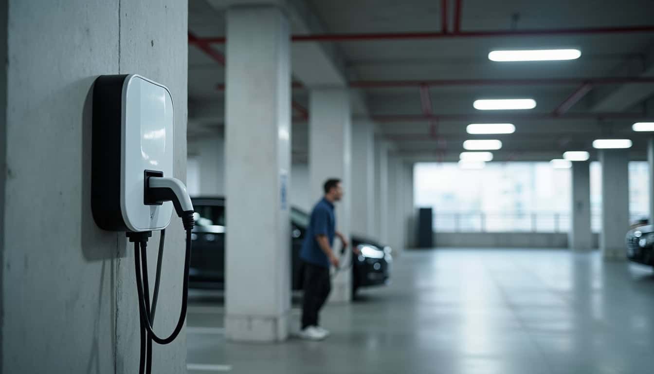 Borne de recharge installée dans un parking de copropriété à Beaulieu-sur-Mer