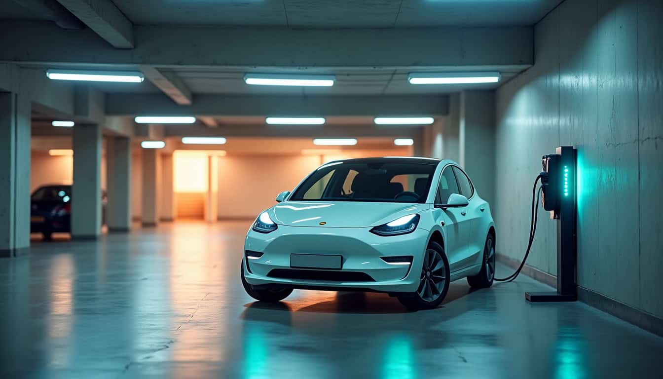 Borne de recharge installée dans un parking de copropriété à Ceaucé