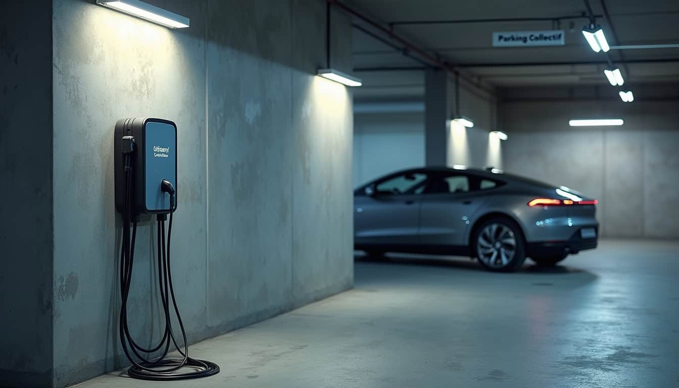 Borne de recharge installée dans un parking de copropriété à Changé