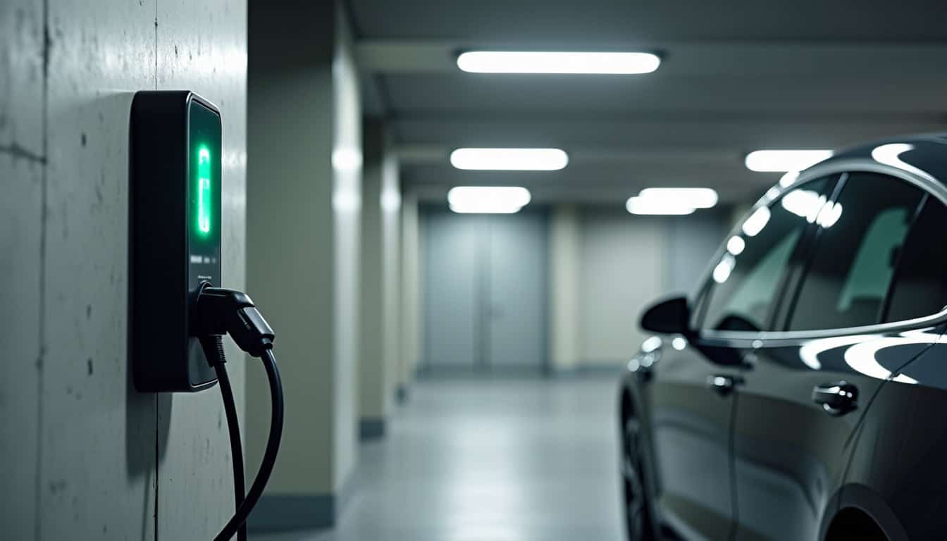 Borne de recharge installée dans un parking de copropriété à Évin-Malmaison
