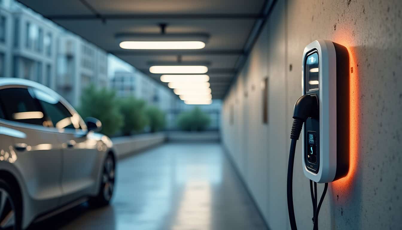 Borne de recharge installée dans un parking de copropriété à Fouesnant