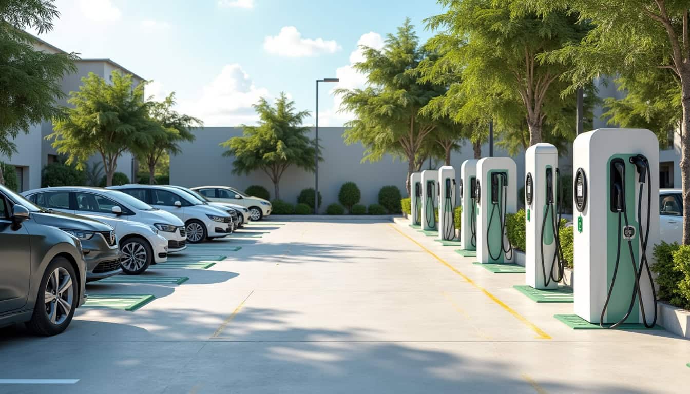 Borne de recharge installée dans un parking de copropriété à Gourbeyre, montrant plusieurs places équipées et signalisées