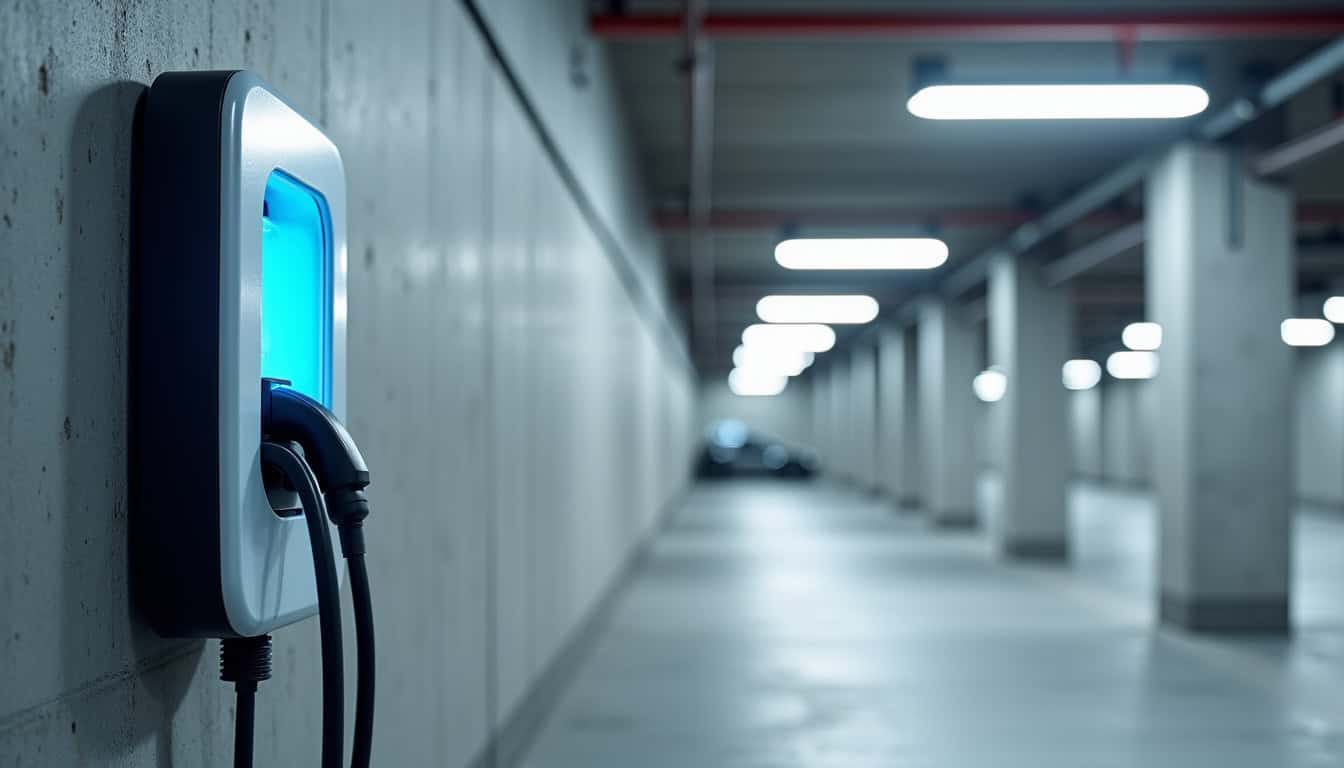 Borne de recharge installée dans un parking de copropriété à La Chapelle-Gonaguet