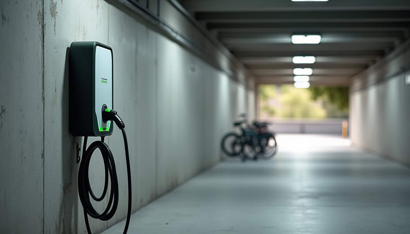 Borne de recharge installée dans un parking de copropriété à Porspoder