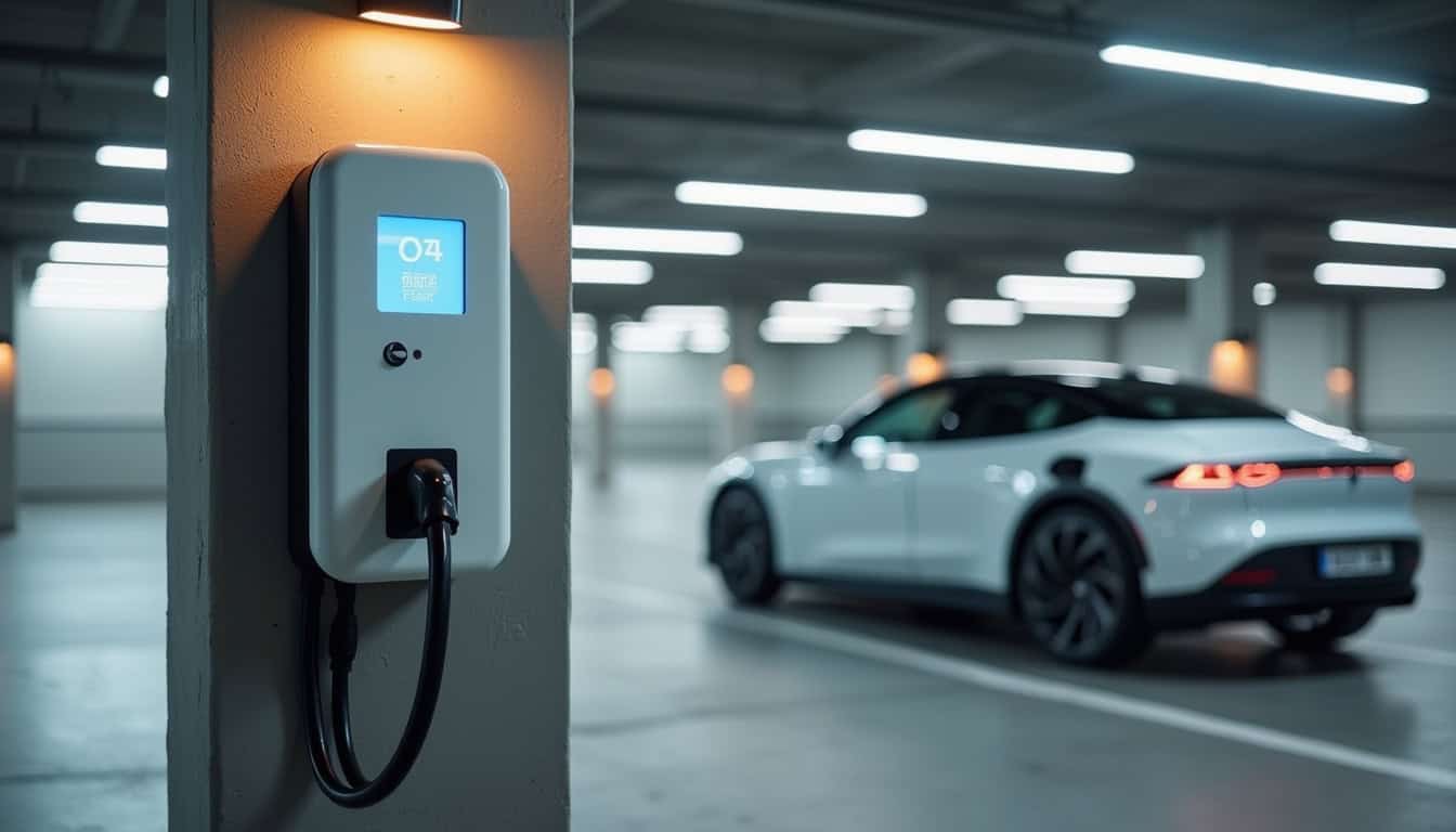 Borne de recharge installée dans un parking de copropriété à Rousset