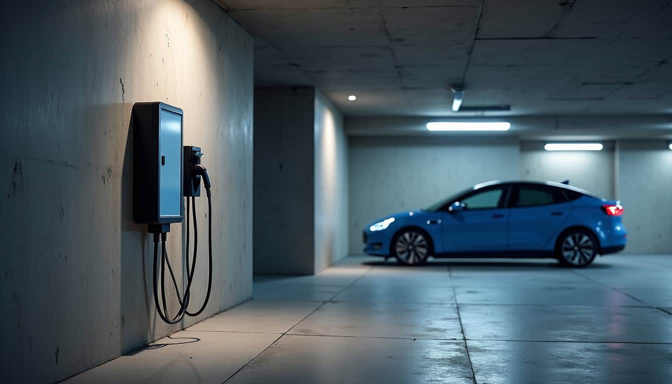 Borne de recharge installée dans un parking de copropriété à Villandraut