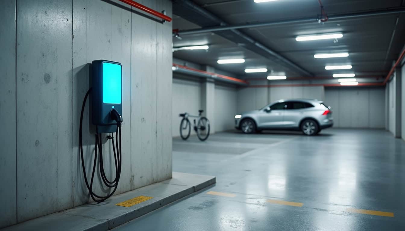 Borne de recharge installée dans un parking de copropriété à Zudausques