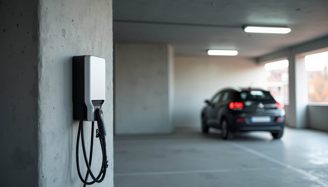 Borne de recharge installée dans un parking de copropriété dans une ville du Lot