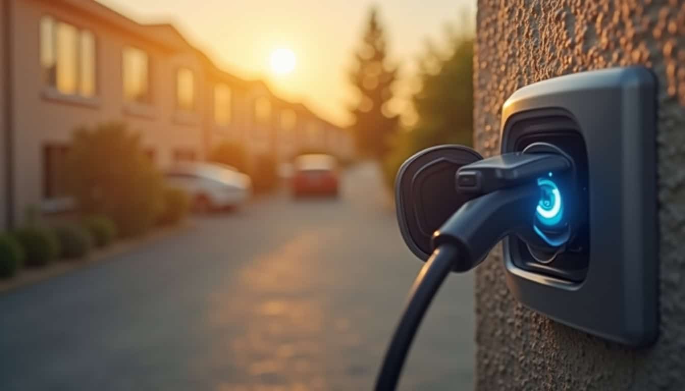 Borne de recharge installée devant une maison individuelle à Marcorignan, avec un véhicule électrique en train de se charger