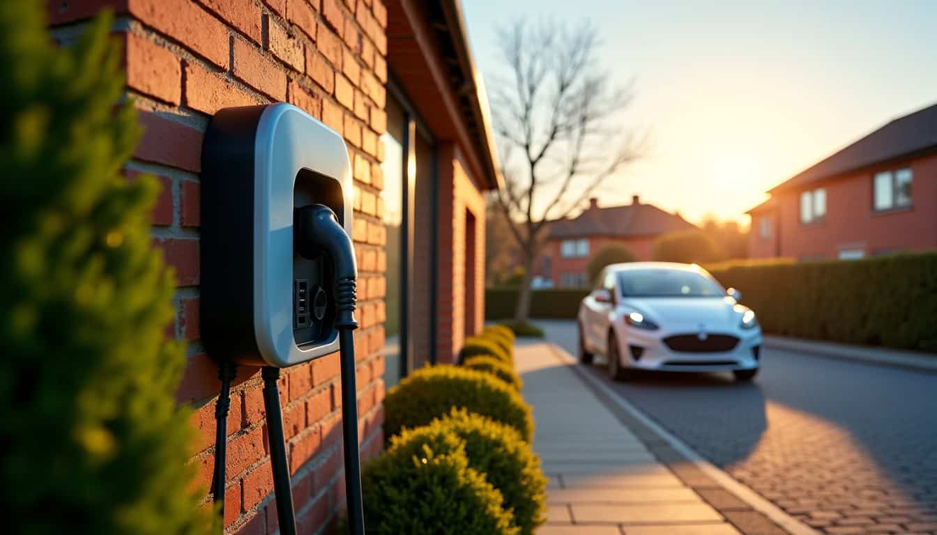 Borne de recharge installée devant une maison individuelle à Tiercé, en milieu urbain résidentiel