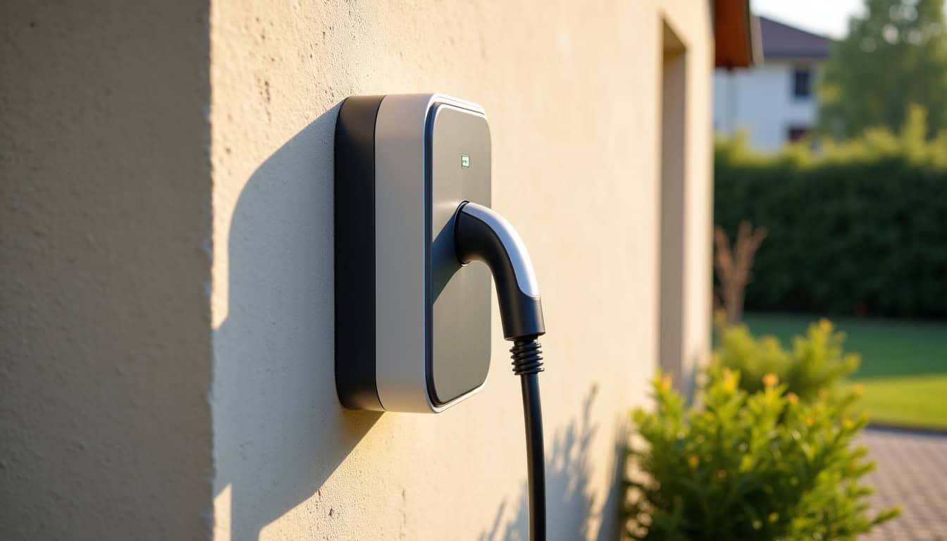 Borne de recharge installée sur le mur d’une maison à Neuville-sur-Saône
