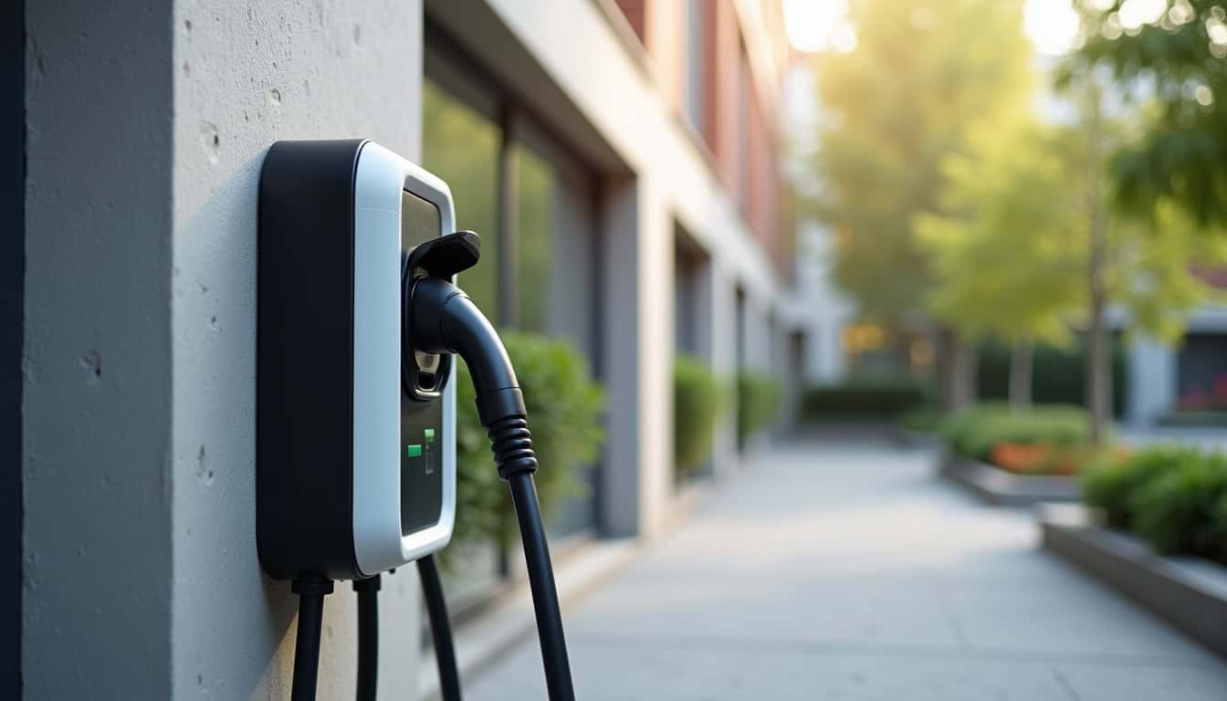Borne de recharge installée sur une place de parking en copropriété à Belleville-en-Beaujolais