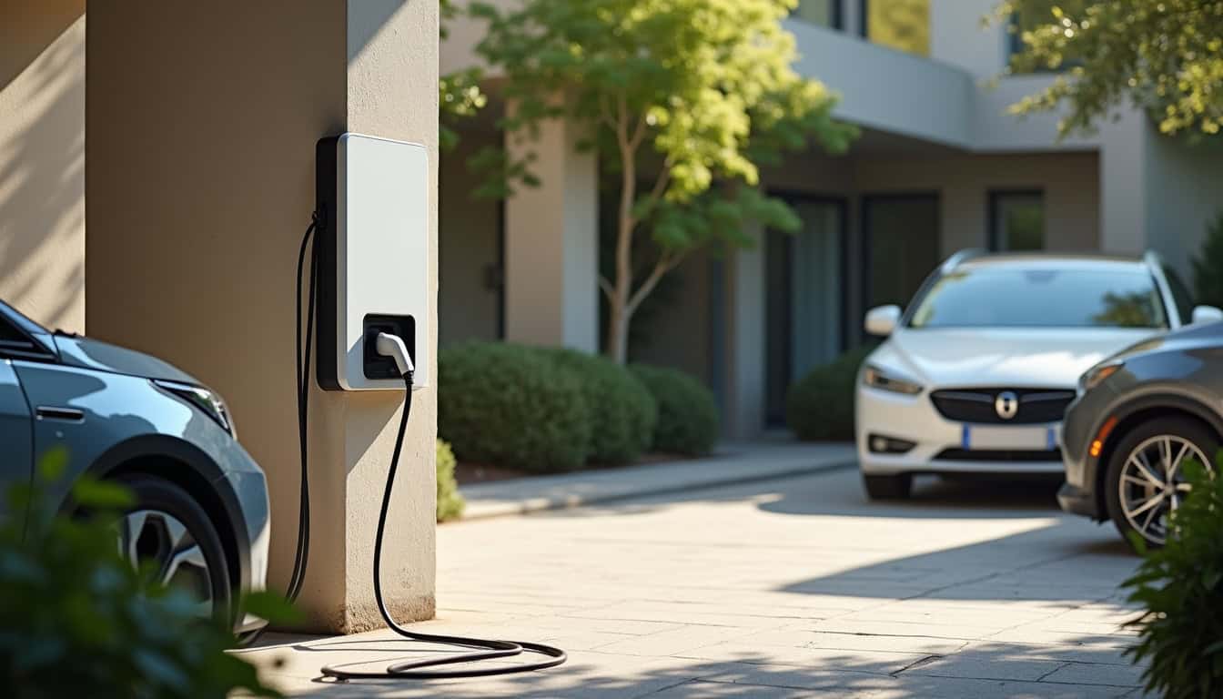Borne de recharge installée sur une place de parking en copropriété à La Verrière
